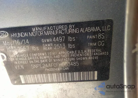 2015 Hyundai Sonata Se z USA, uszkodzony, nr VIN 5NPE24AF0FH003485